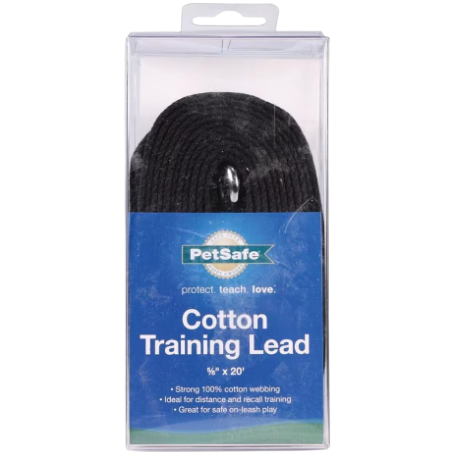 Black cotton training lead rolled and packaged for dog training in pet supply collections