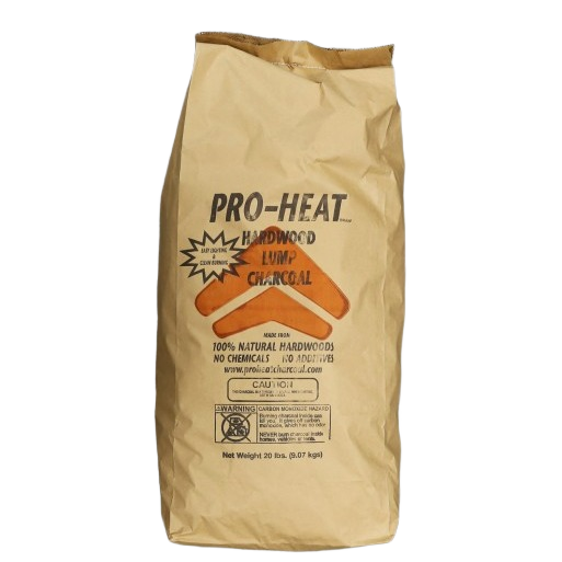 Brown kraft paper bag of Pro-Heat hardwood lump charcoal labeled for natural grilling fuel, 20-pound weight