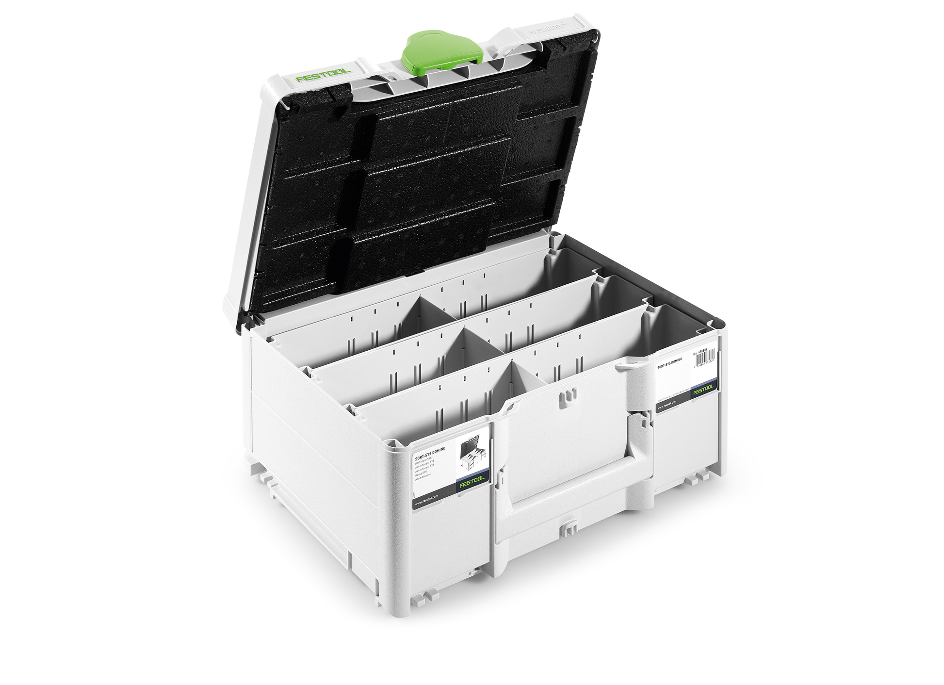 White and black modular Festool storage box with adjustable dividers for woodworking and tool organization collections