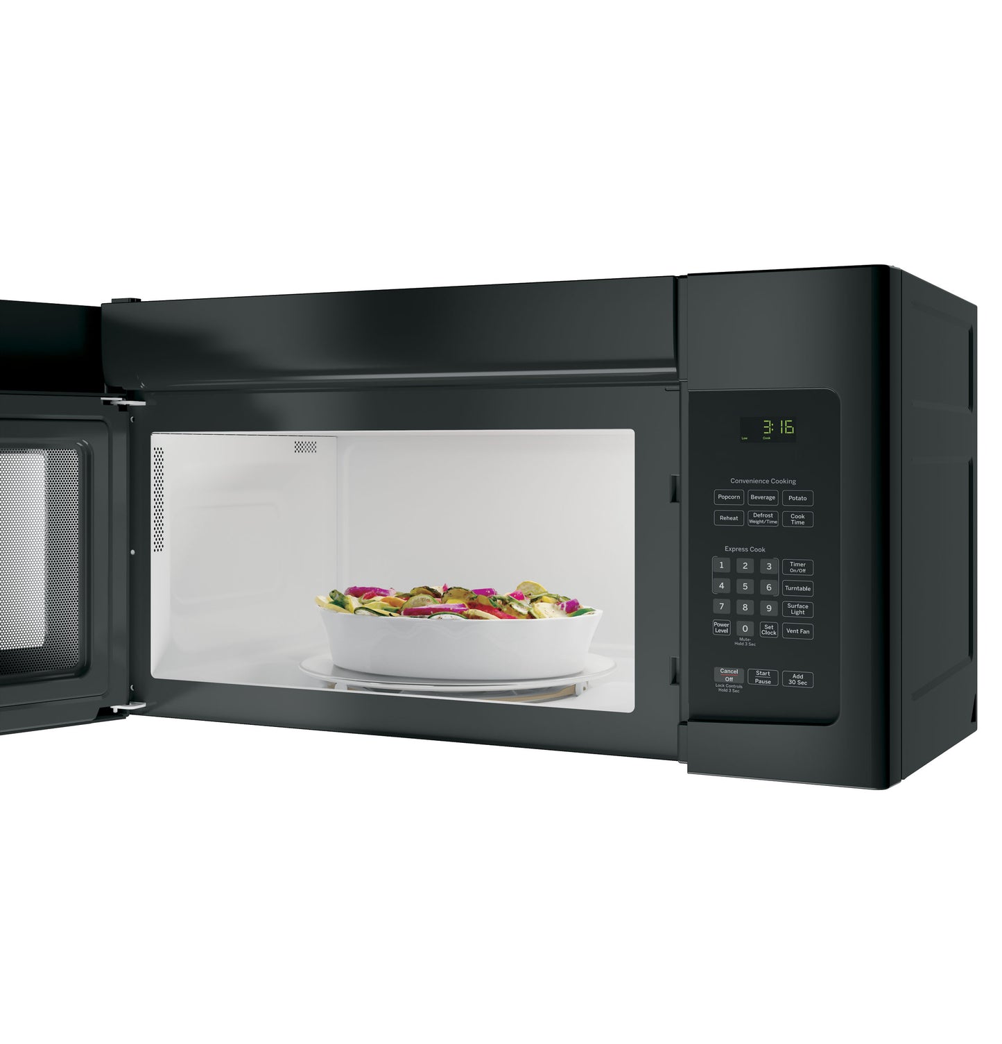 Black over-the-range microwave with open door, digital control panel, and bowl of vegetables inside from kitchen appliances collection