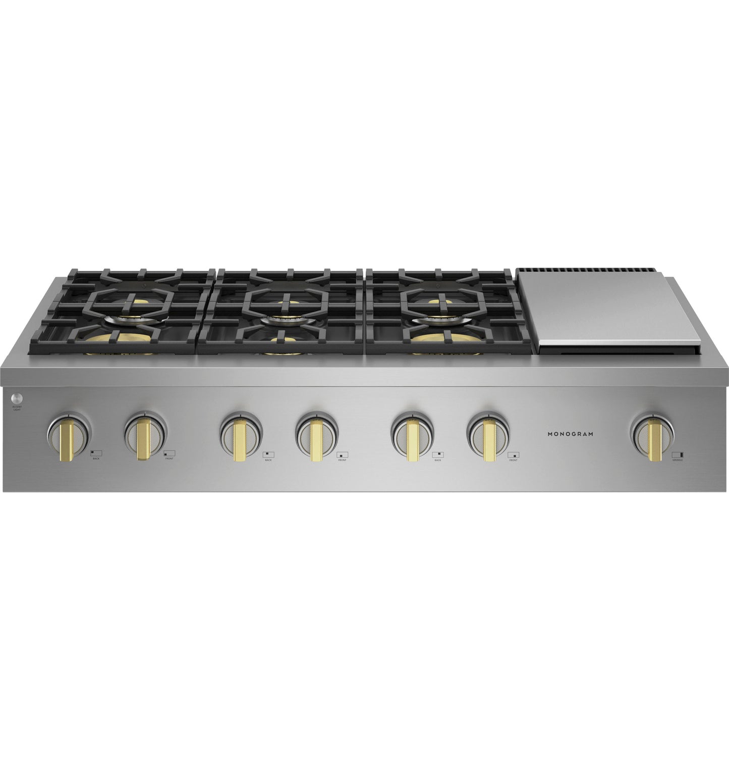 Stainless steel gas rangetop with six burners, griddle, and control knobs from Kitchen & Kitchenware collection