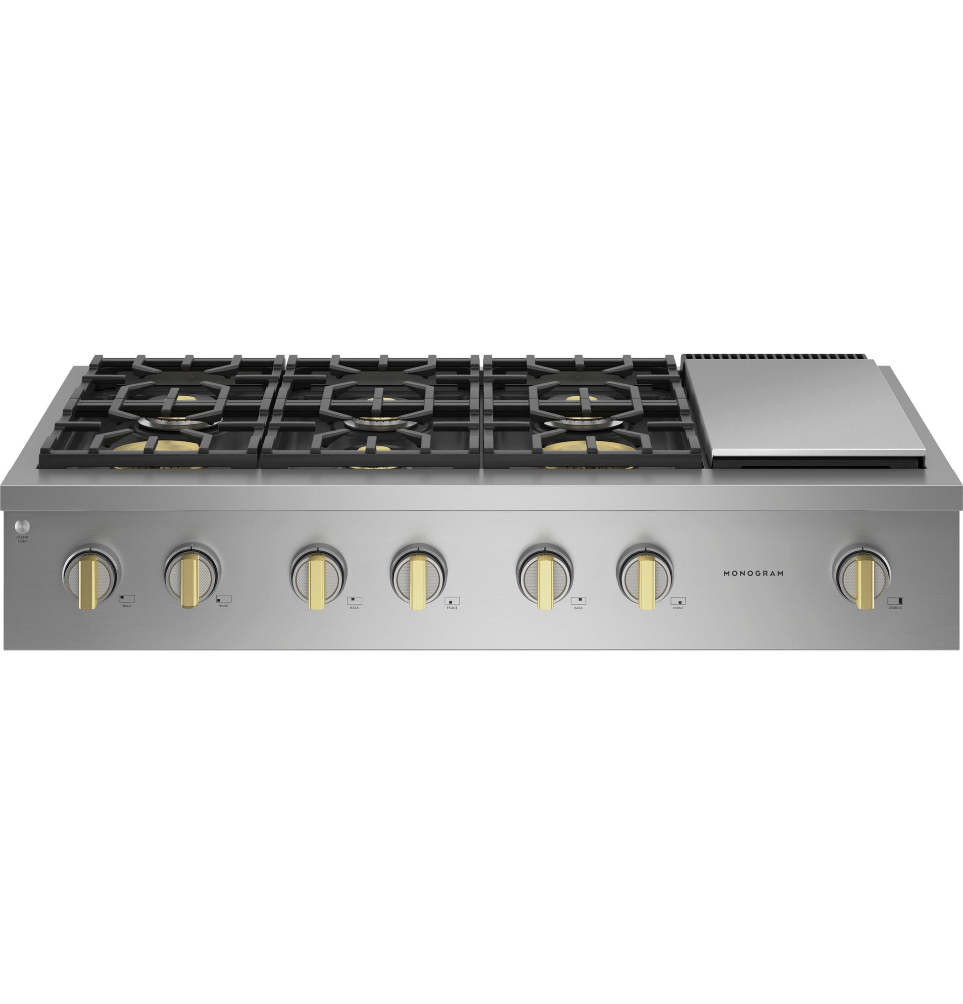 Stainless steel gas rangetop with six burners, griddle, and control knobs from Kitchen & Kitchenware collection