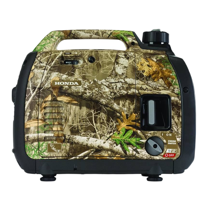 Camouflage-patterned compact inverter generator with handle, control switch, and fuel tank cap for portable power and home improvement tasks