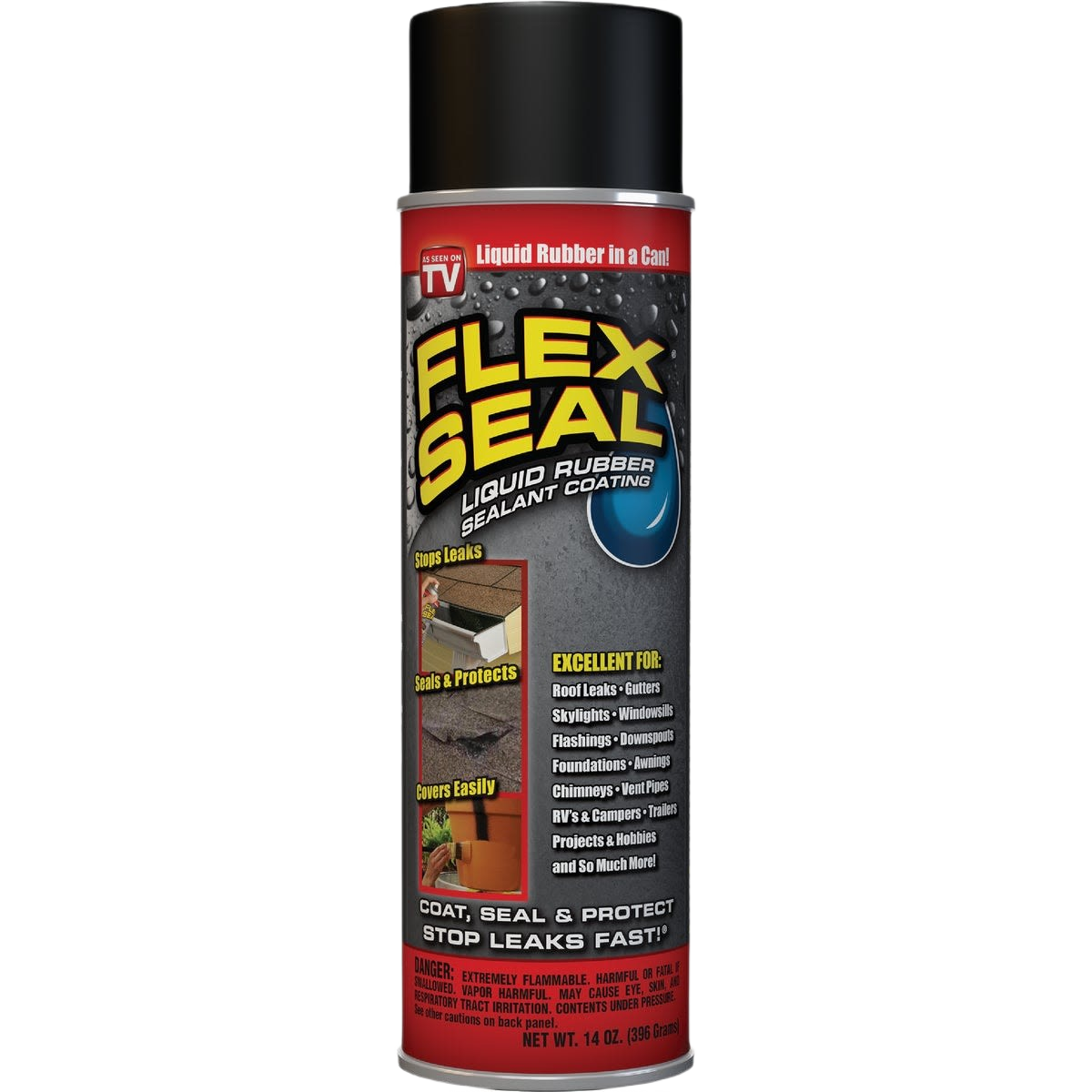Black aerosol can of liquid rubber sealant coating for waterproofing and flexible home repair applications
