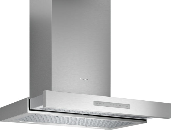 stainless steel wall mounted range hood with sleek design and touch controls for modern kitchen appliances