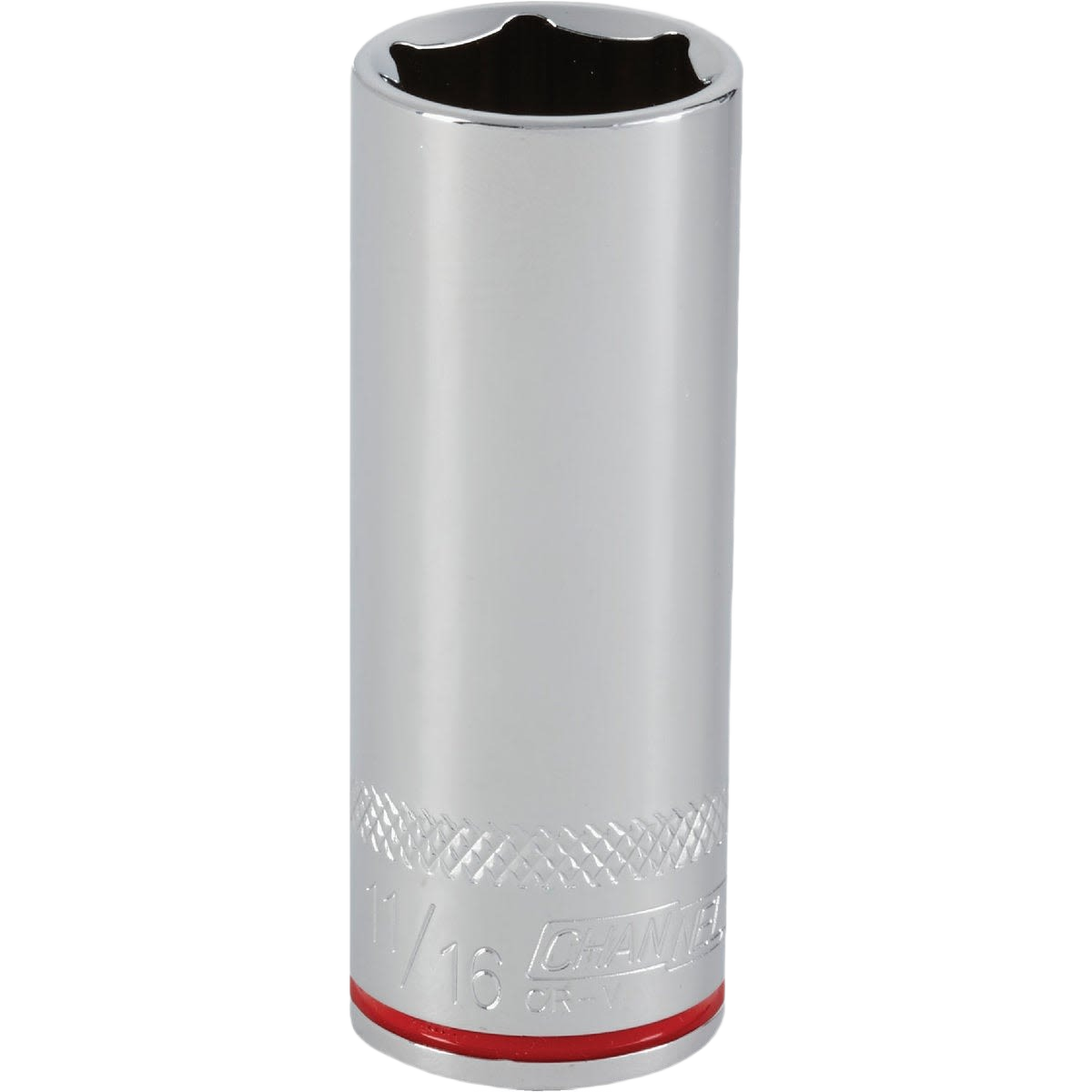 Chrome finished deep socket with 6-point design and knurled grip for home improvement and tools tasks