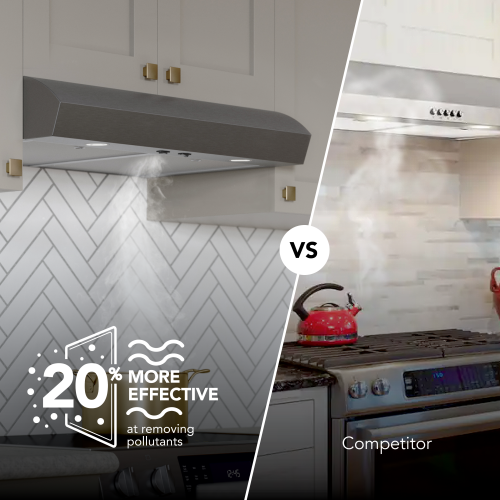 Side-by-side comparison of stainless steel under cabinet range hoods showing steam extraction efficiency in modern kitchens