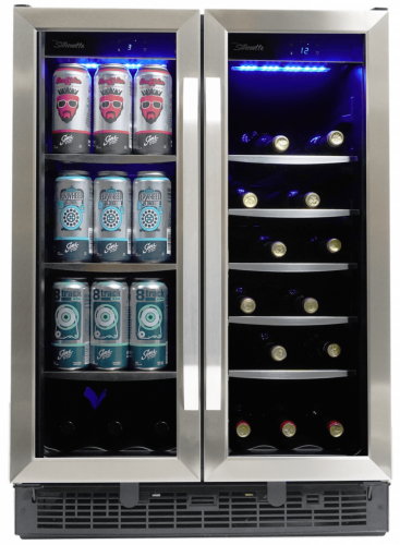24-inch built-in beverage center with dual temperature zones, stainless steel French doors, LED lighting in kitchen appliances collection