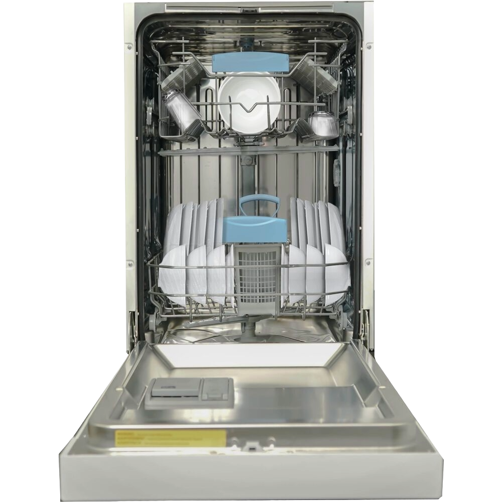 Open built-in dishwasher with clean white dishes and glasses inside, featured in Dishwashers and Kitchen & Kitchenware collections