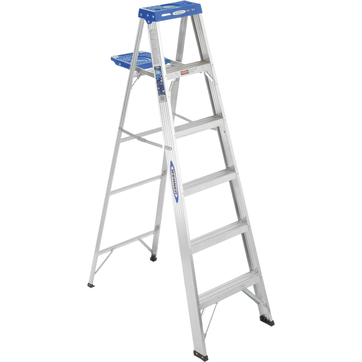 6 ft aluminum step ladder with blue top shelf and slip-resistant feet for home improvement projects