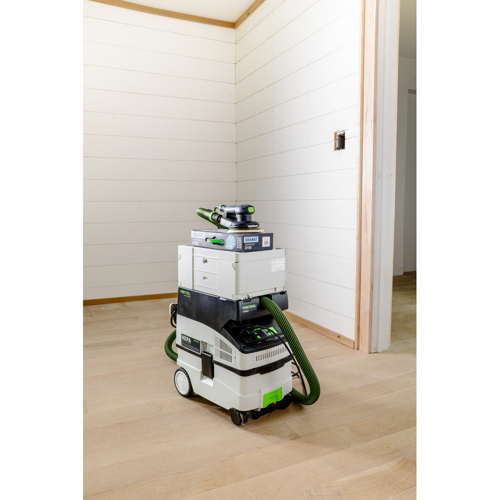 Festool professional sanding set with CT MIDI dust extractor and ETS EC 150/5 sander on hardwood floor