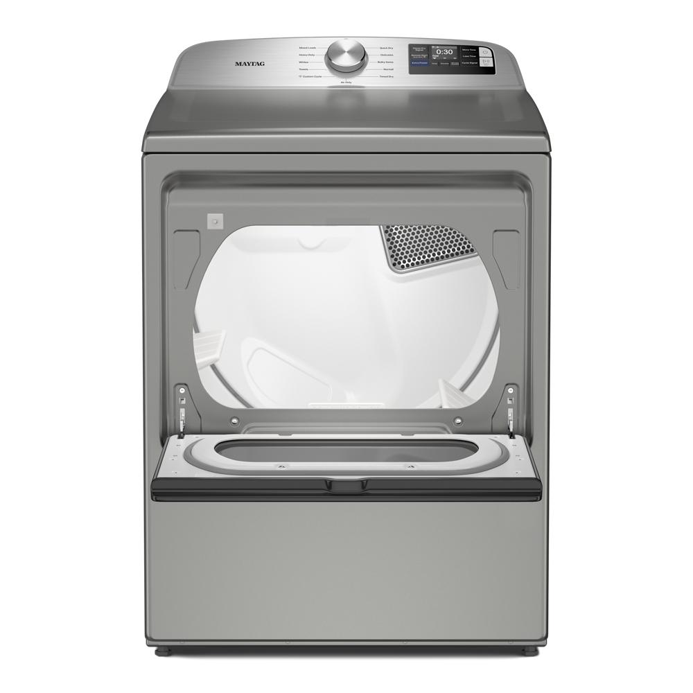 Gray top load electric dryer with open drum and digital control panel, part of dryers and appliances collection