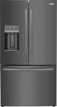 Counter-depth French door refrigerator with stainless steel finish, external water dispenser, and freezer drawer in appliance collection