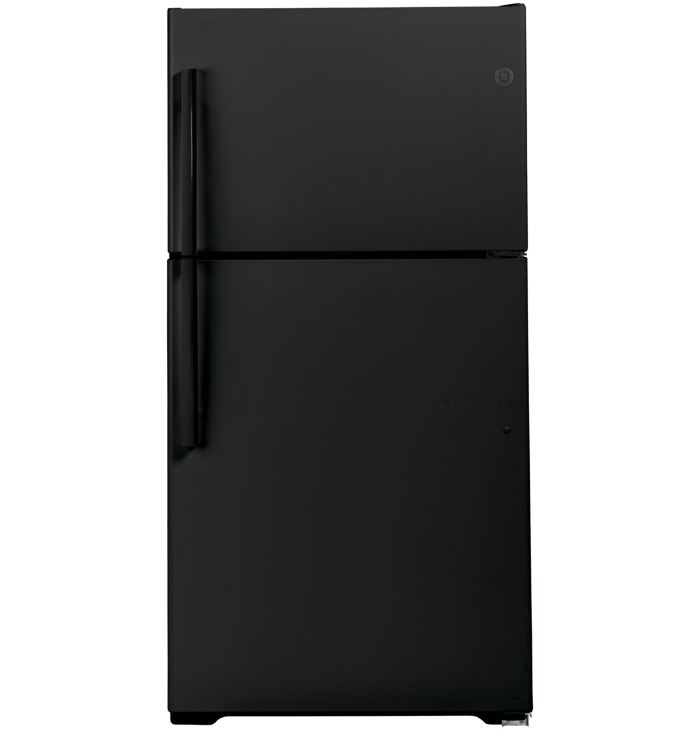 Matte black top-freezer refrigerator with vertical handles, part of kitchen appliances and refrigerator collections.