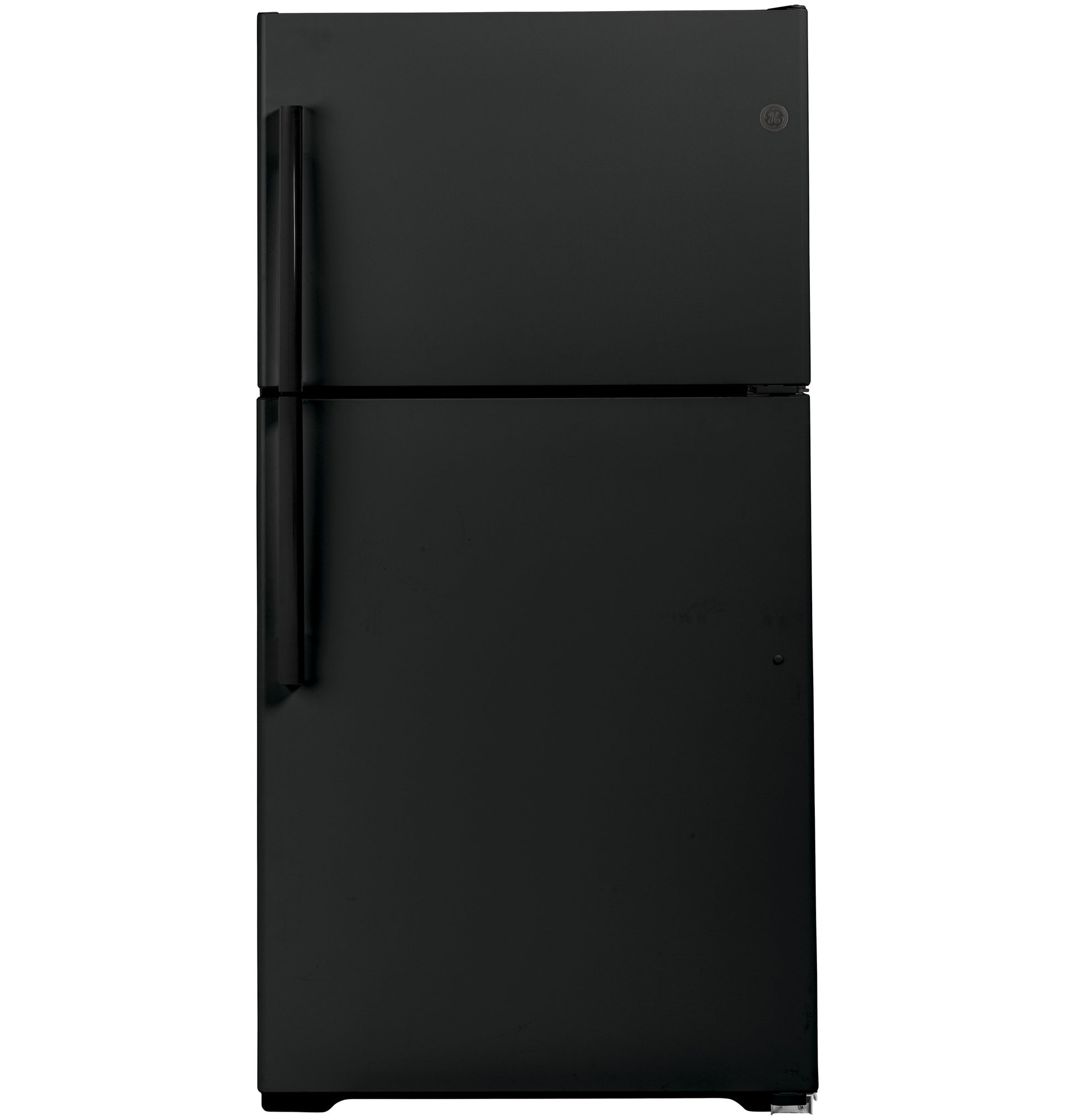 Matte black top-freezer refrigerator with vertical handles, part of kitchen appliances and refrigerator collections.