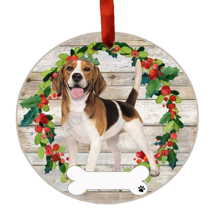 Round Christmas ornament with happy Beagle in center of festive holly wreath on rustic wood background