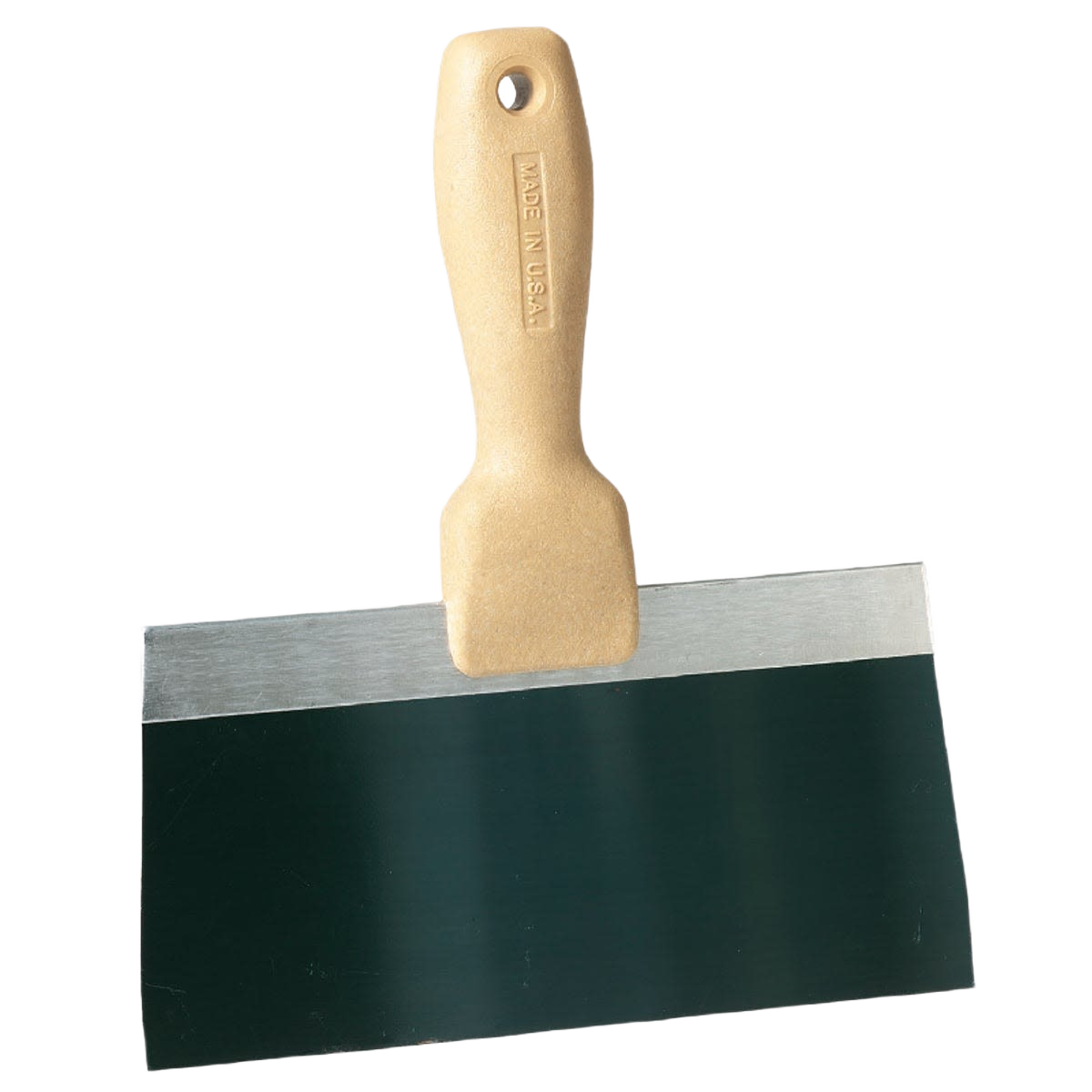 Steel taping knife with beige handle and wide flexible blade for smoothing plaster and drywall in home improvement tasks