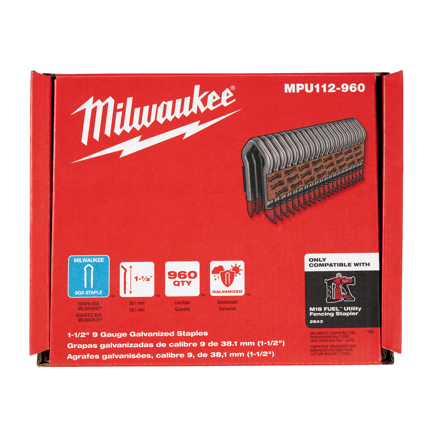 Box of 1.5-inch 9 gauge galvanized staples with 960 count for use in home improvement tools and fastening projects