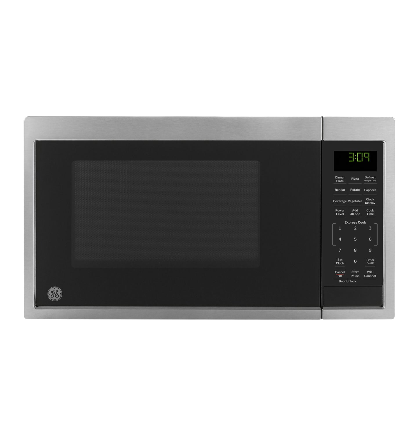 Front view of a stainless steel countertop microwave with digital display and keypad in kitchen appliances collection