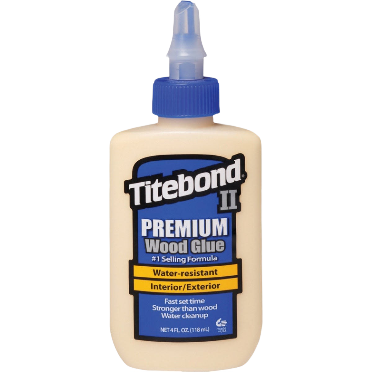 Bottle of Titebond II Premium wood glue with water-resistant formula for interior and exterior woodworking projects