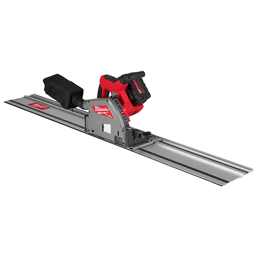 Red and black cordless plunge saw with 6-1/2 inch blade on aluminum guide rail for precision woodworking tools
