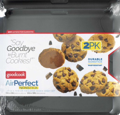 Set of two durable non-stick cookie sheets designed to prevent burnt cookies for home baking tasks