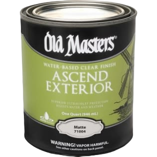 Quart container of Old Masters Ascend exterior water-based matte clear finish for wood and metal surfaces in paint supplies collection