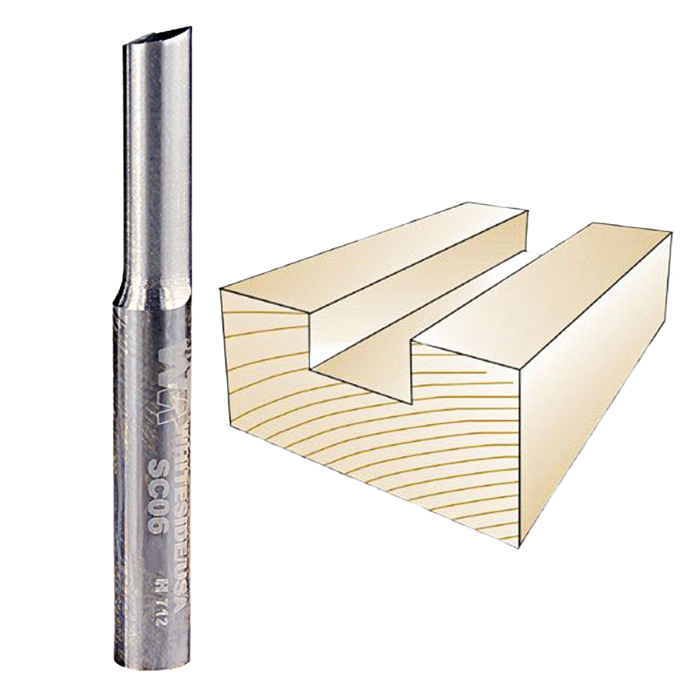 Solid carbide straight router bit with single flute for clean cuts, shown with wood channel groove example for tool accessory use.