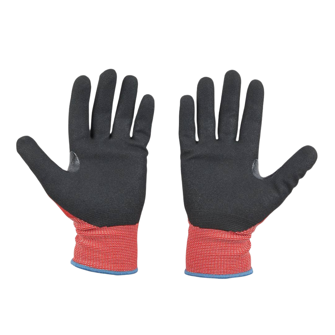 Pair of large black nitrile coated work gloves with red knit cuffs for safety and hardware tasks in work gloves collection