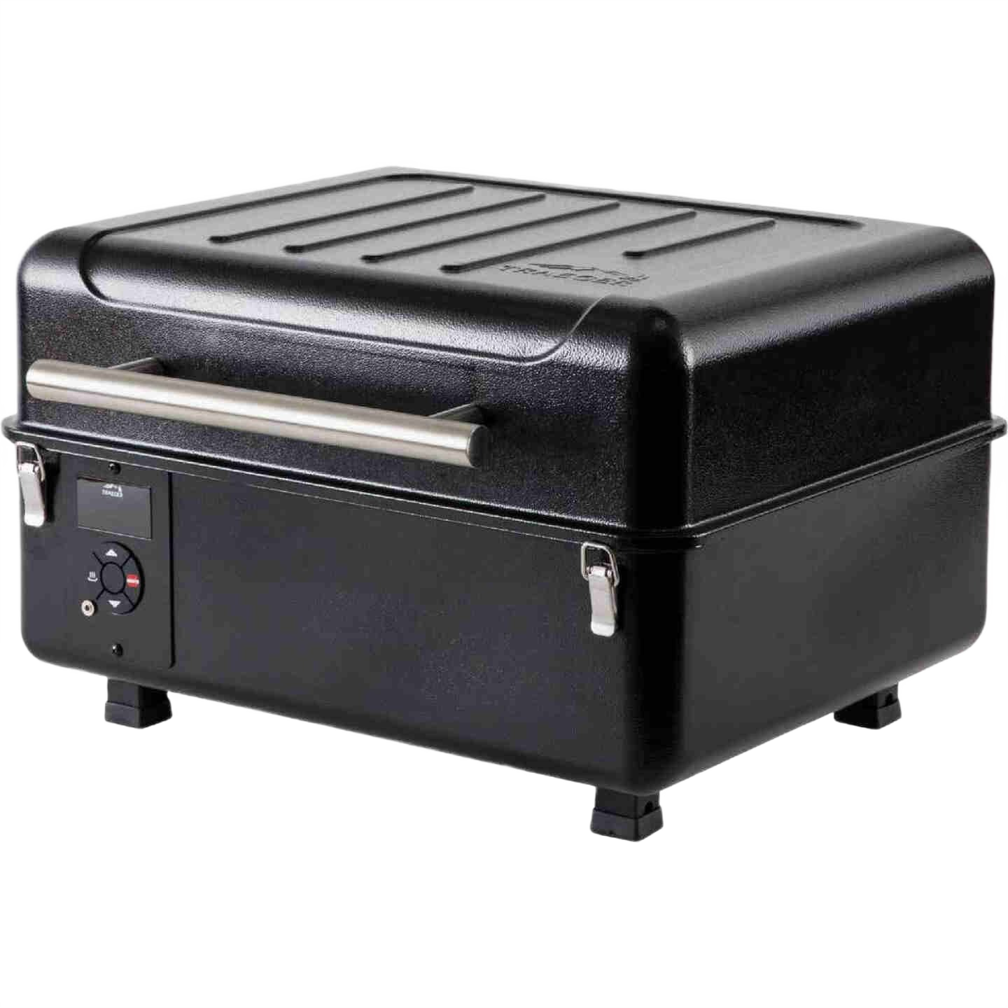 Compact black portable pellet grill with stainless steel handle and digital control panel for outdoor cooking.