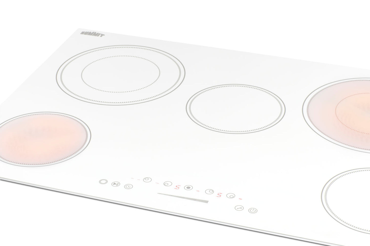 White 5-burner radiant cooktop with smooth surface and touch controls in kitchenware and appliances setting