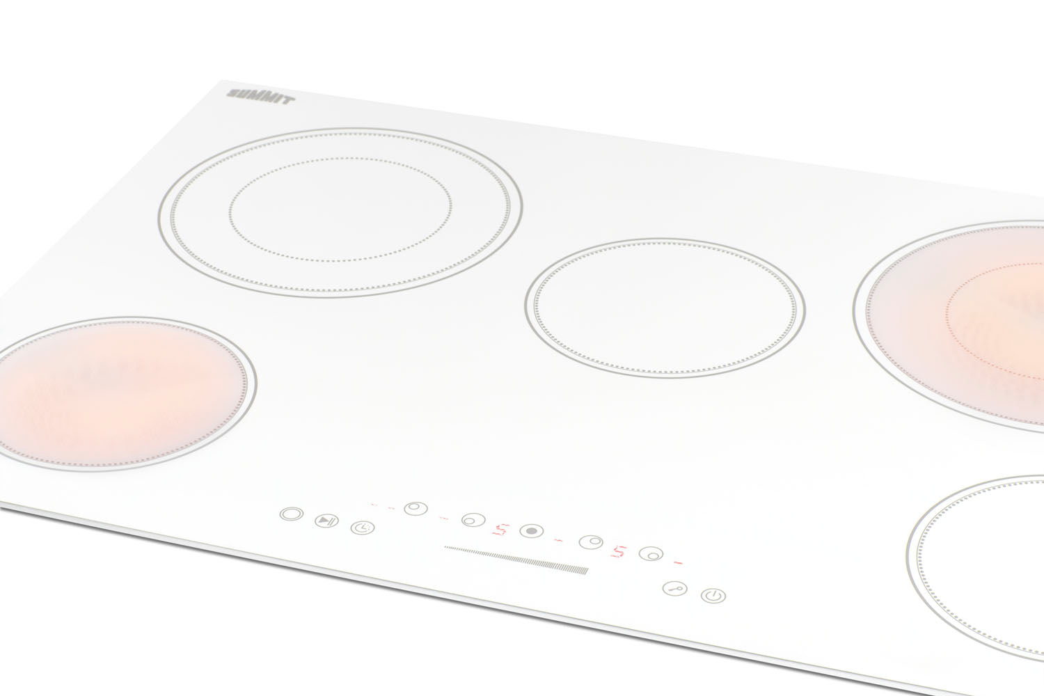 White 5-burner radiant cooktop with smooth surface and touch controls in kitchenware and appliances setting