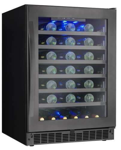 Black single-zone wine cellar with blue interior lighting and glass door in kitchen and appliances collection