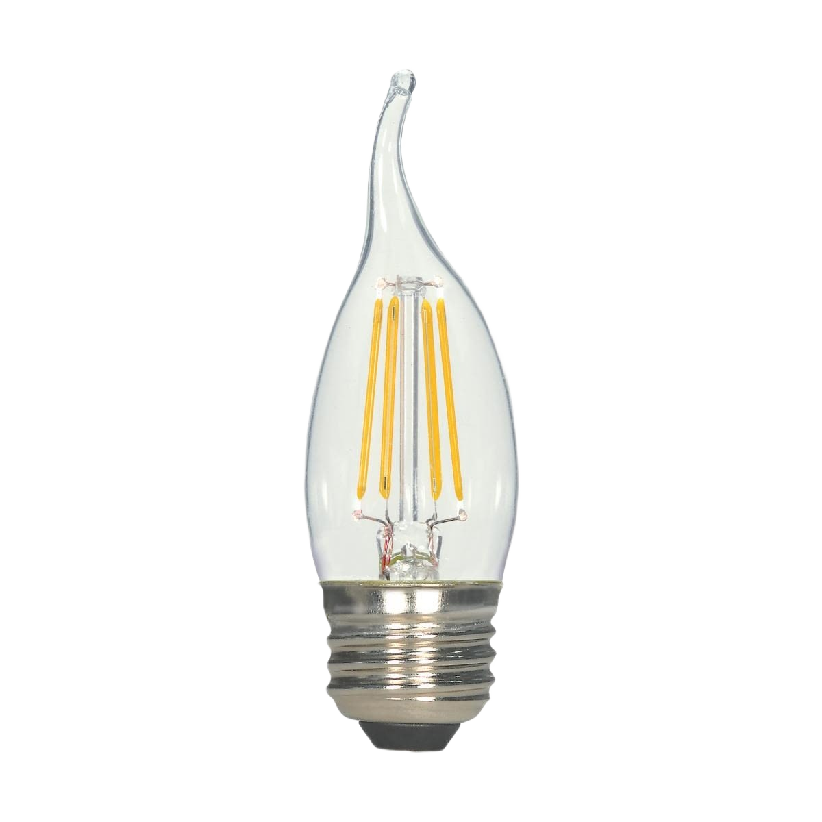 Clear LED filament light bulb with medium base and flame tip design for decorative lighting and home improvement projects