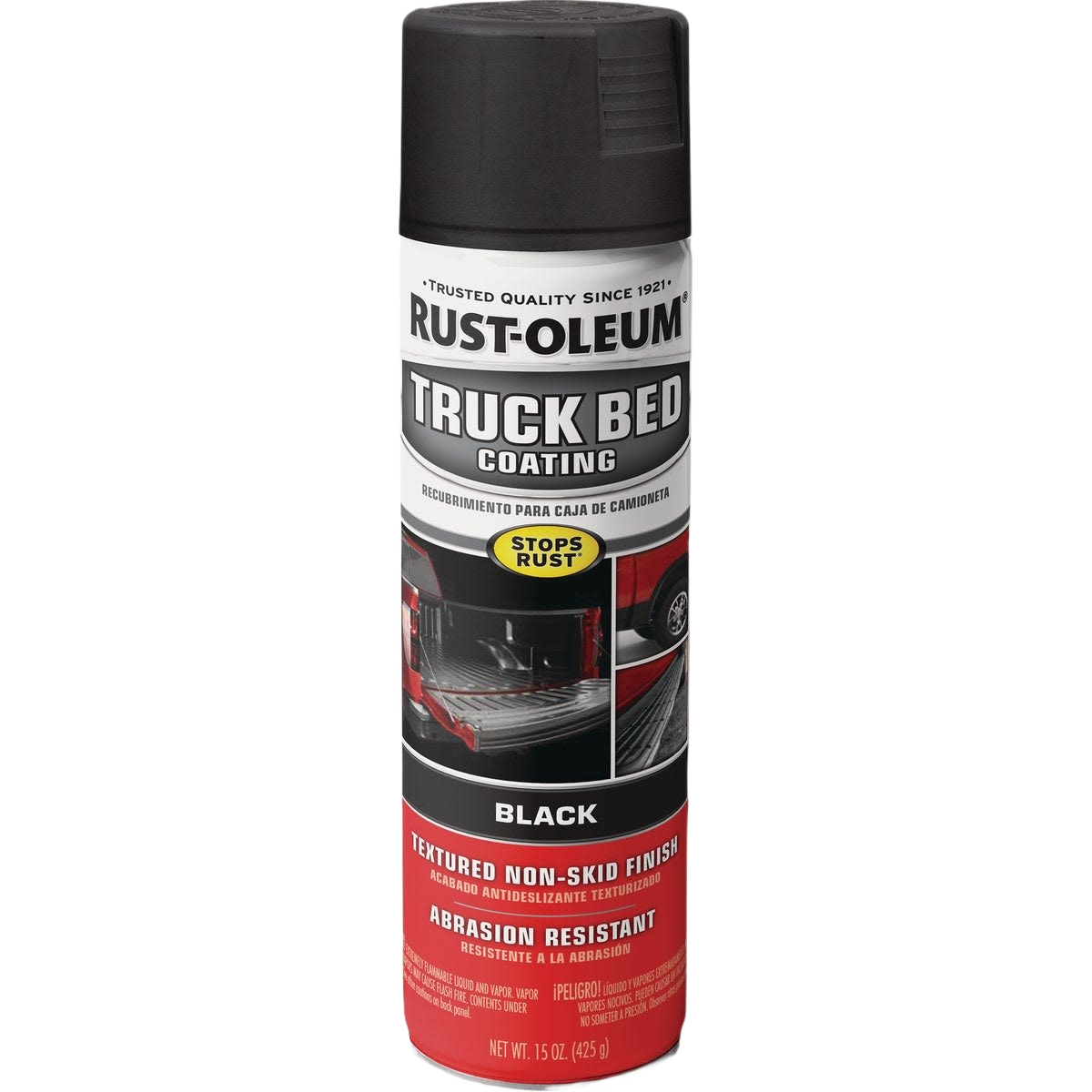 Black spray coating can for truck beds with textured, abrasion-resistant finish in Rust Oleum paint collection