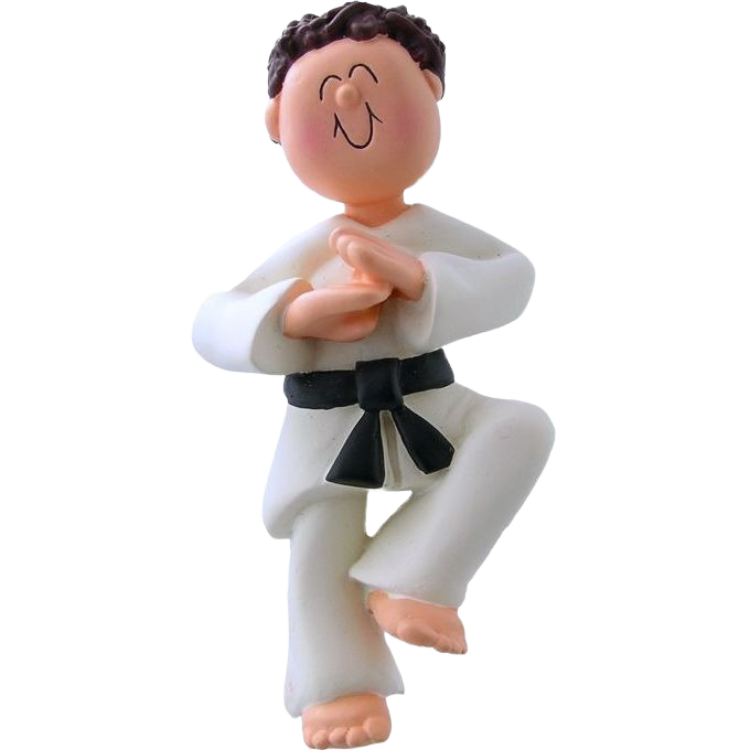 Personalized brunette male karate figurine ornament in white uniform with black belt, Christmas Ornaments & Tree Decorations under $50