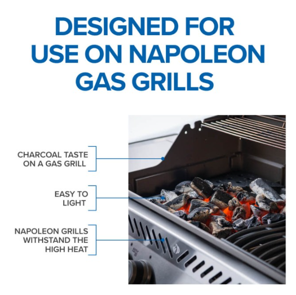 Charcoal and smoker tray designed for Napoleon gas grills, providing authentic charcoal flavor while withstanding high heat for outdoor cooking.