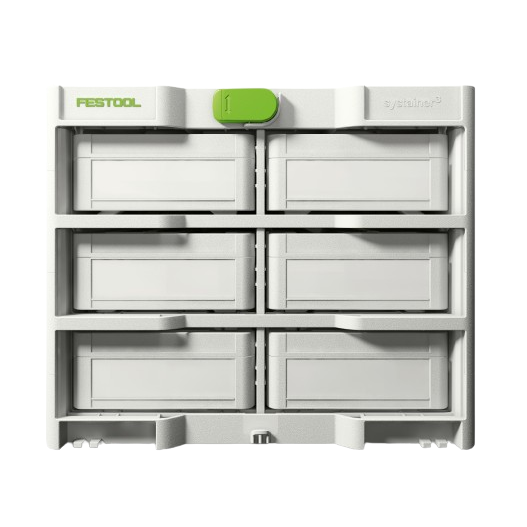Compact Festool storage rack with six compartments for organizing MINI-Systainer tool boxes in workshop and jobsite settings