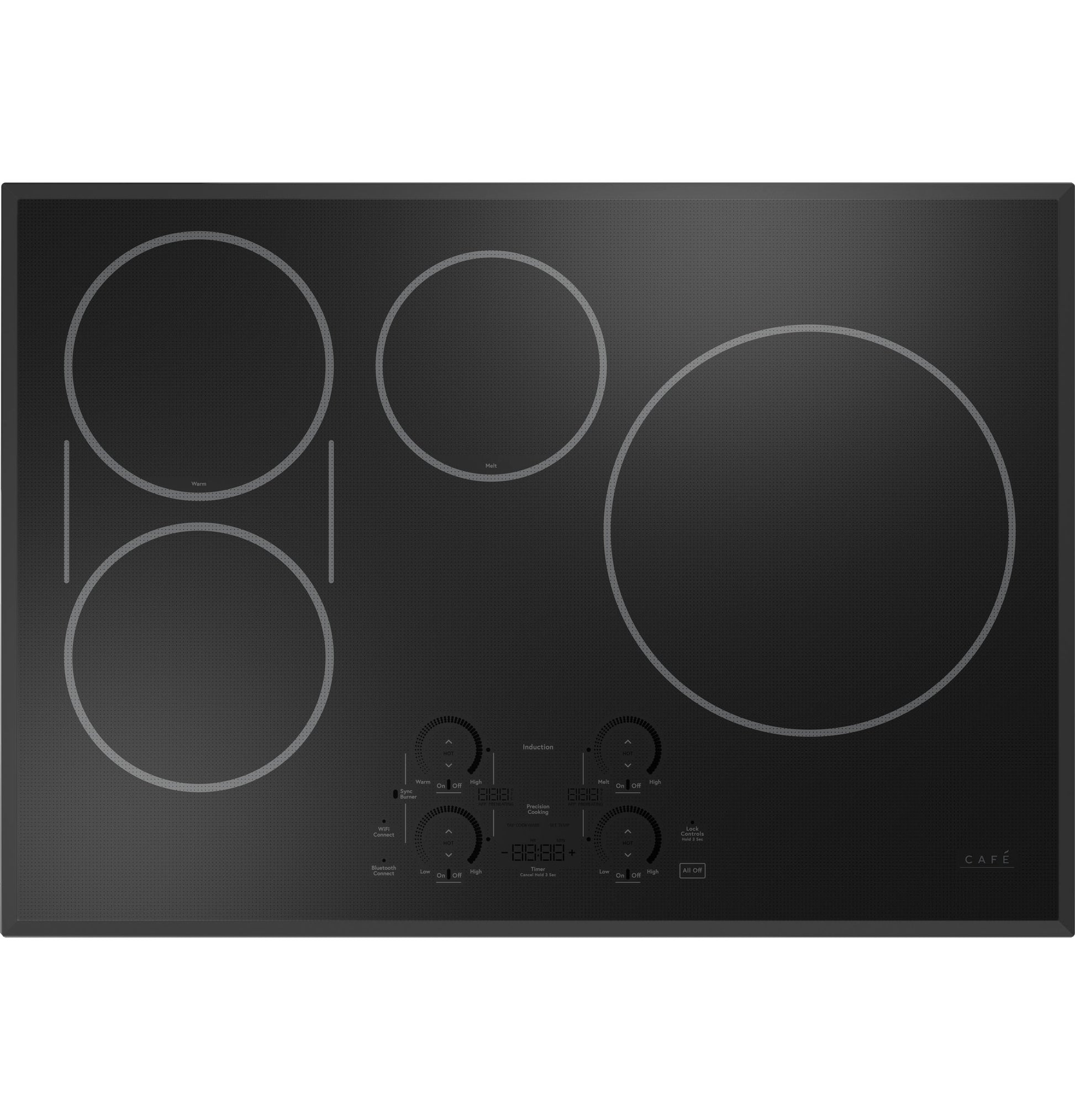 Black glass induction cooktop with four cooking zones and touch controls in cooktops and kitchenware collection