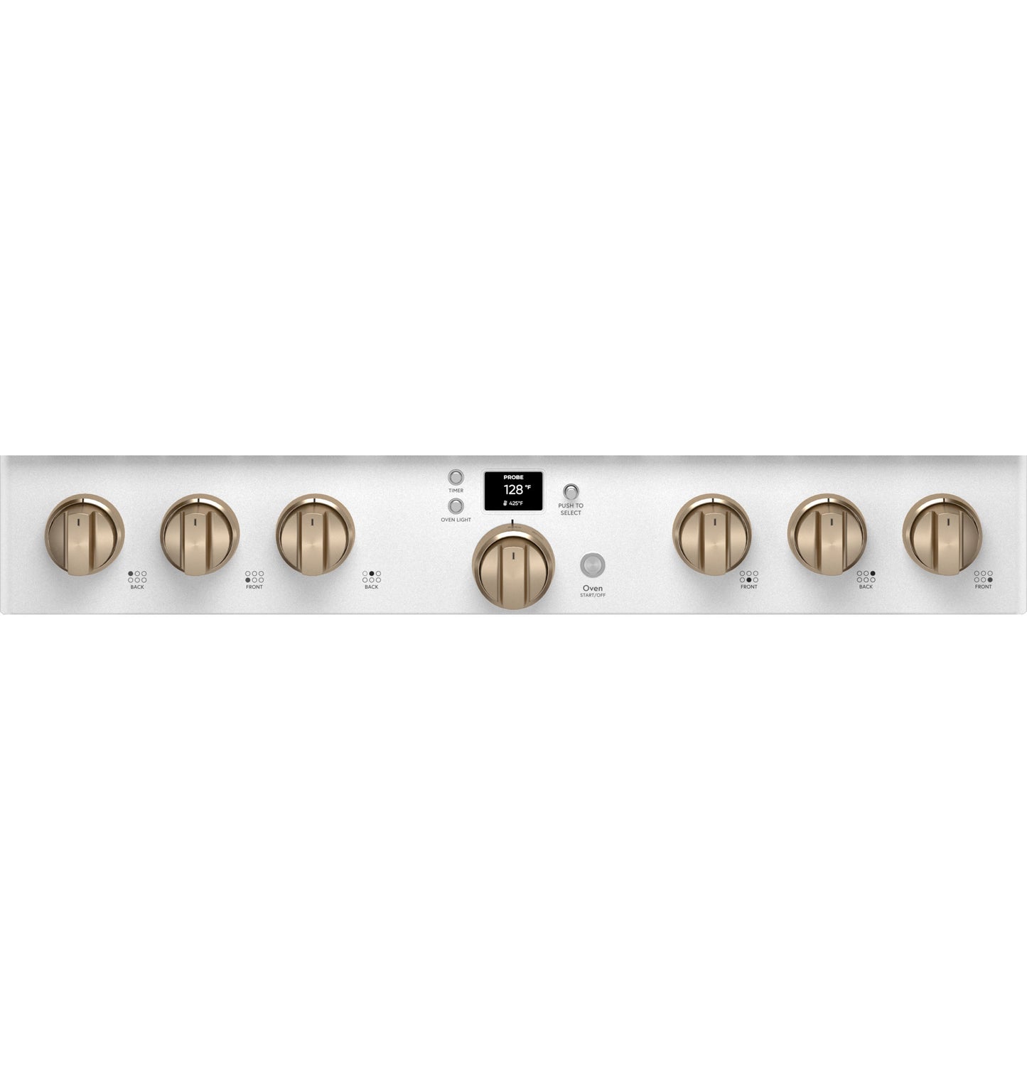 Control panel of stainless steel gas range with six brass burner knobs and digital temperature display panel