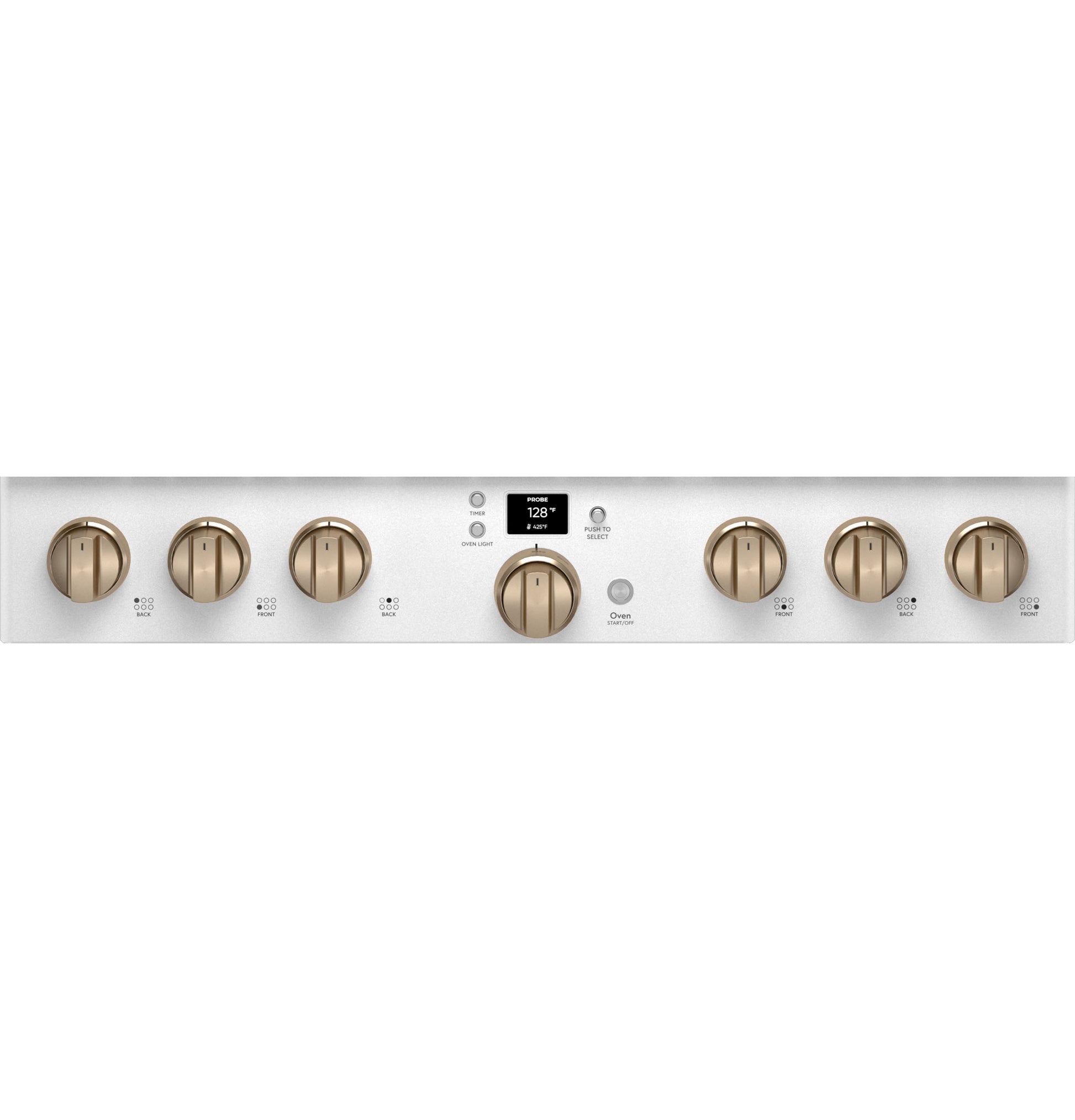 Control panel of stainless steel gas range with six brass burner knobs and digital temperature display panel