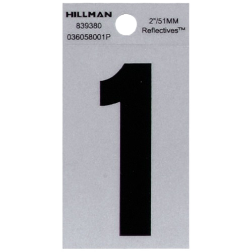Adhesive black house number 1 with silver reflective background for home improvement use