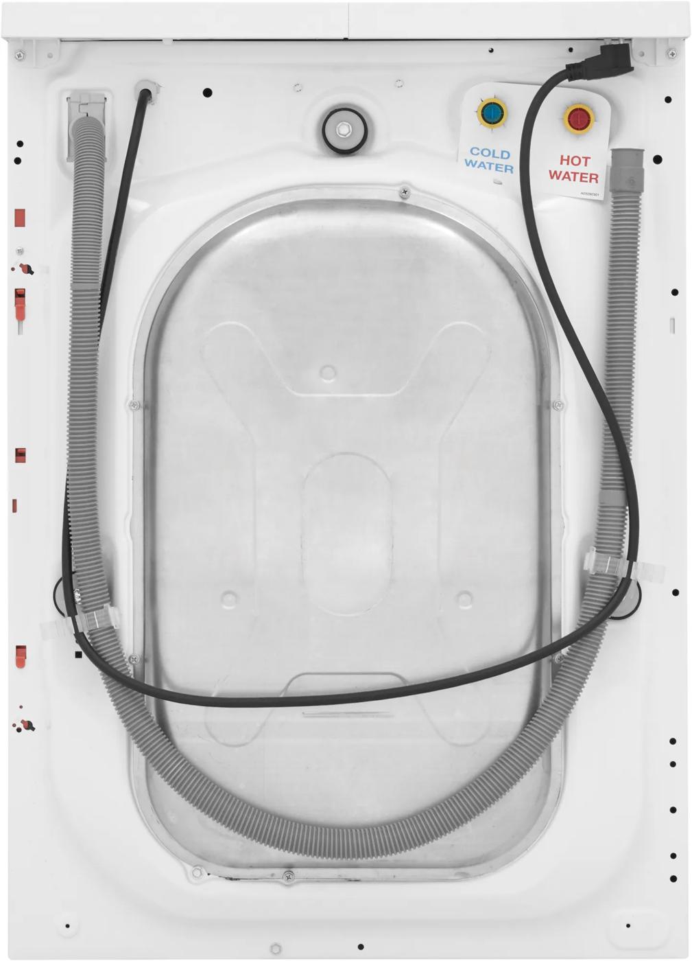 Rear view of compact front load washer showing water inlet valves and attached hoses in washers and dryers collection