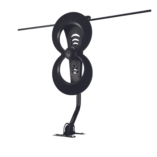 Black ClearStream 2MAX indoor HDTV antenna with figure-eight design mounted on adjustable mast for home use