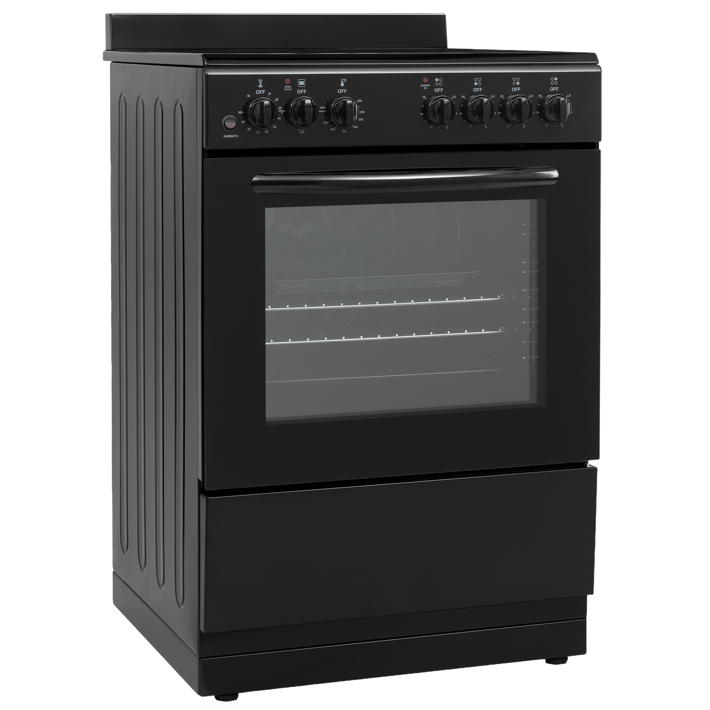 Compact black electric range with control knobs and large oven window for kitchen appliances and home improvement.
