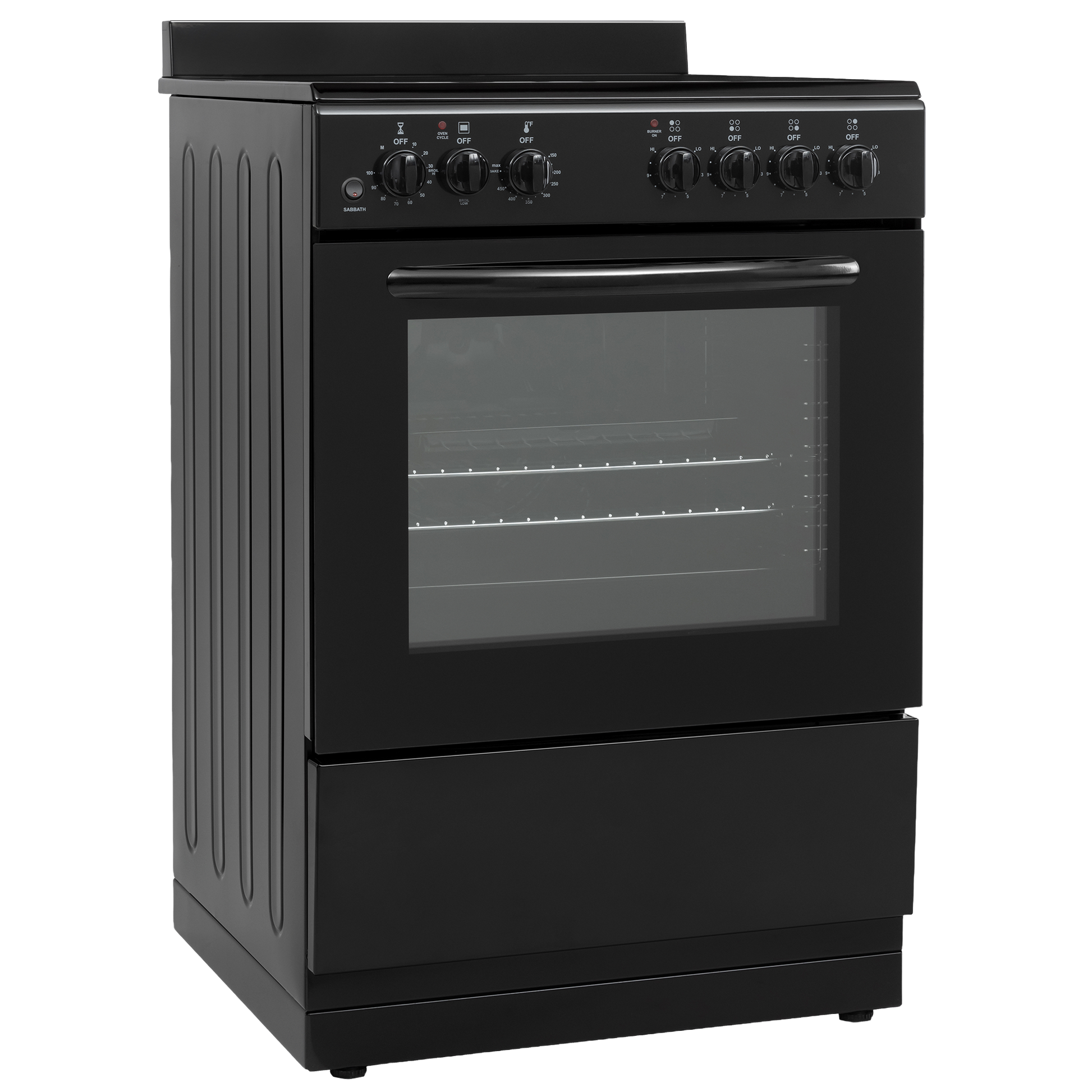 Compact black electric range with control knobs and large oven window for kitchen appliances and home improvement.