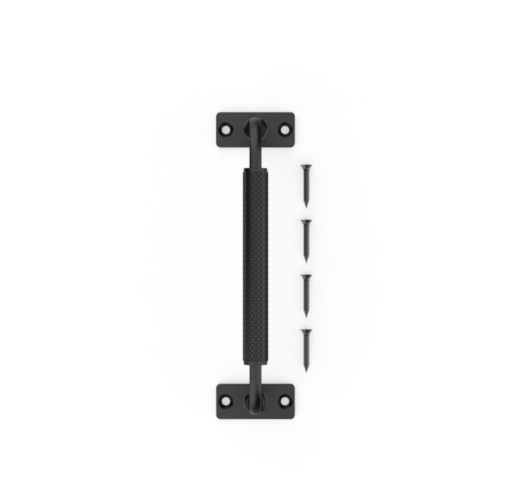 Black textured industrial-style gate pull handle with mounting screws for durable hardware in under $50 collection