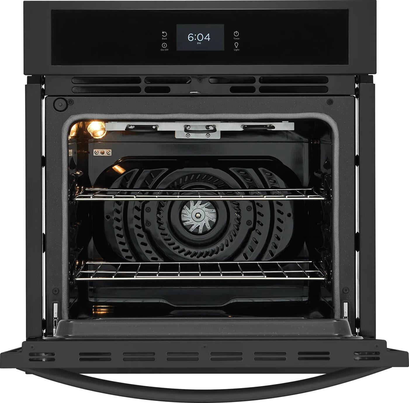 Open black electric wall oven with fan convection, digital display, multiple racks, and interior light in kitchen appliances collection