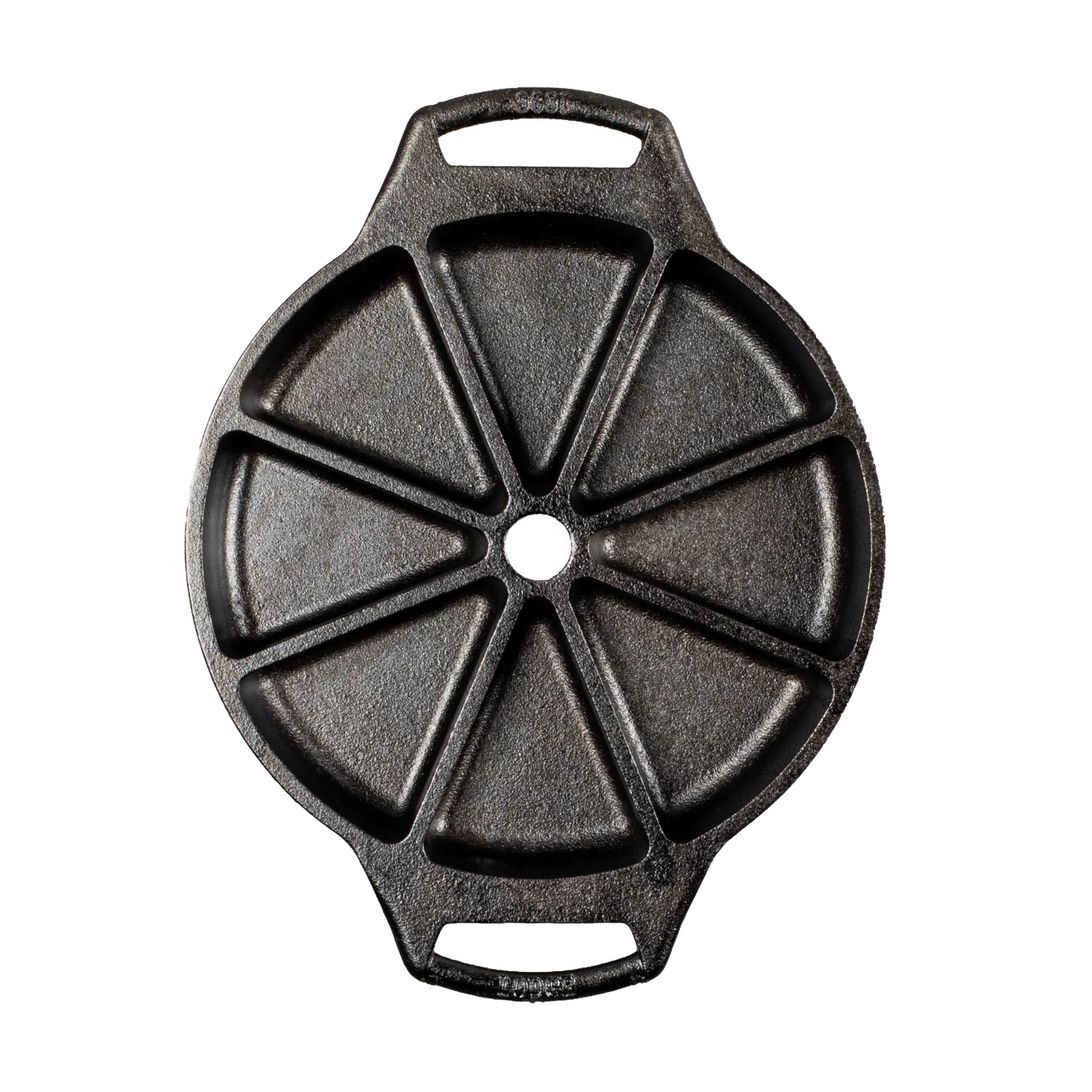 Seasoned cast iron wedge pan with eight triangular sections and dual handles for kitchenware collections under $50