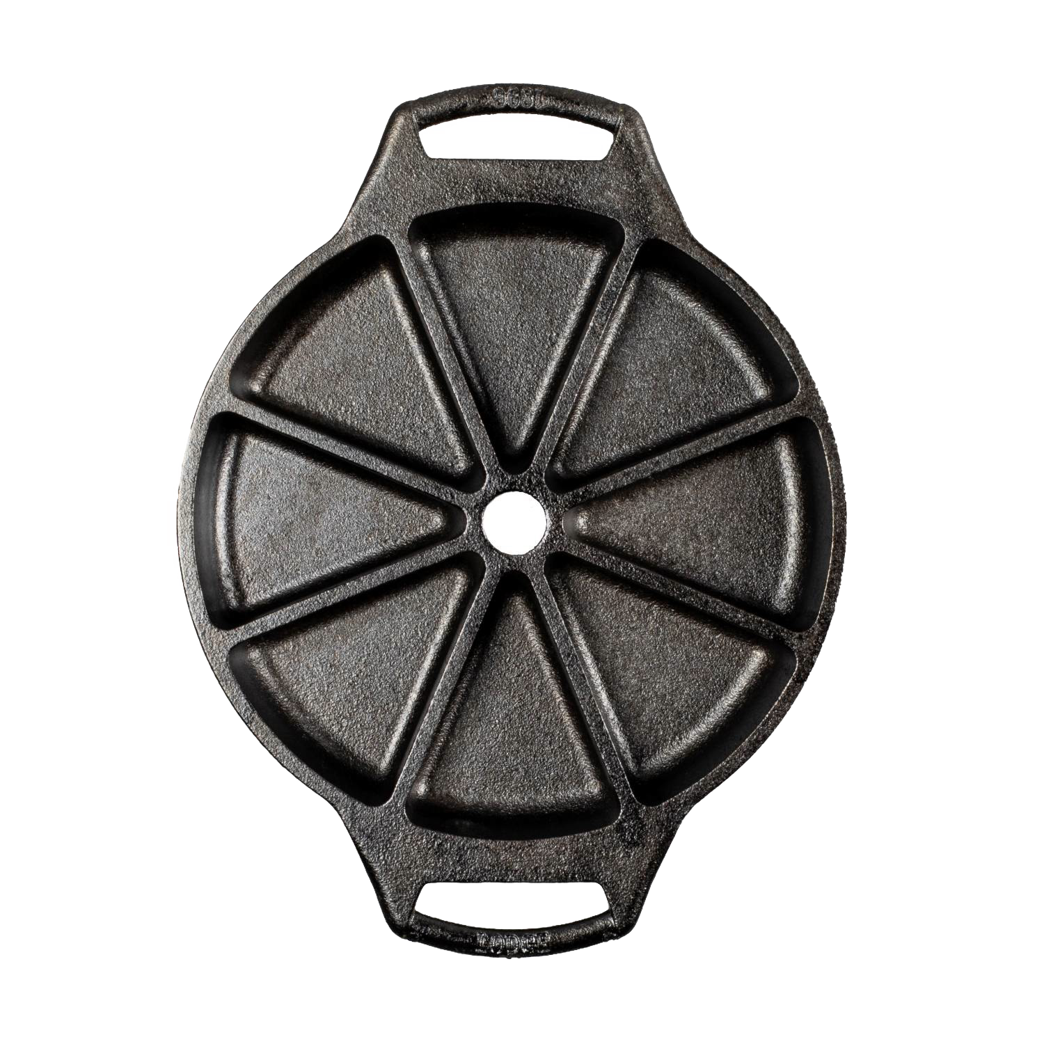 Seasoned cast iron wedge pan with eight triangular sections and dual handles for kitchenware collections under $50